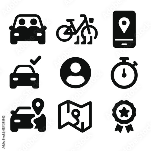 Shared Mobility Icons. Solid, filled icons set of shared mobility services: carpool icon, shared bike, dock