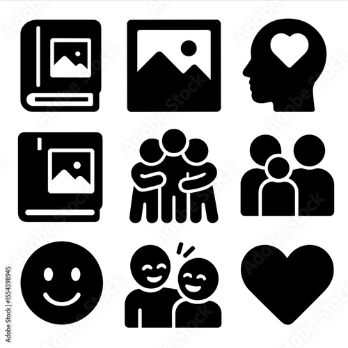 Shared Memories Icons. Solid, filled icons set of shared memories and keepsakes: photo album, framed picture,