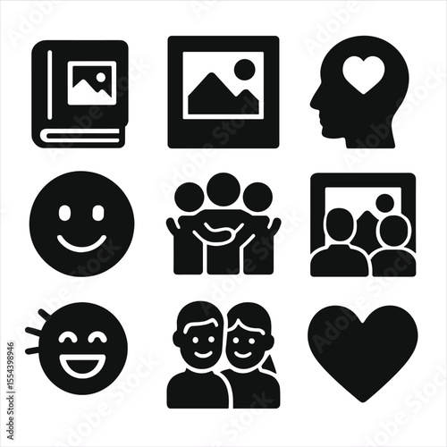 Shared Memories Icons. Solid, filled icons set of shared memories and keepsakes: photo album, framed picture,