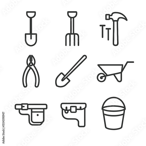 Chicken Farming Tools. Outline icon set of agricultural tools for chicken farming: shovel, pitchfork, hammer, nails, wire cutters,
