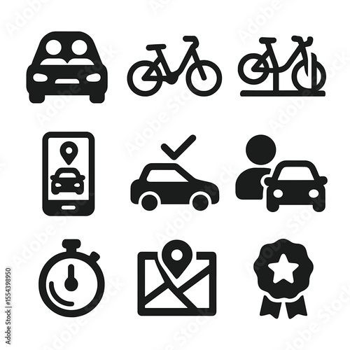 Shared Mobility Icons. Solid, filled icons set of shared mobility services: carpool icon, shared bike, dock