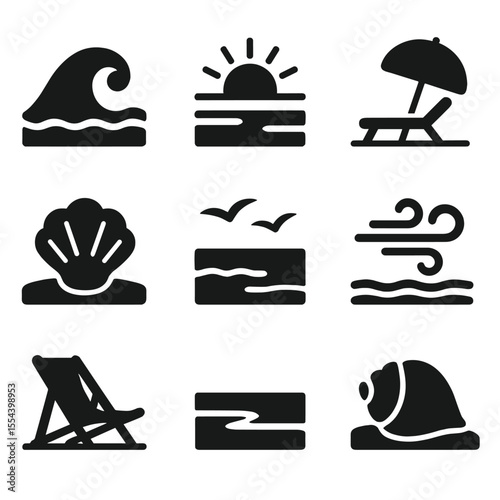 Serene Beach Icons. Solid, filled icons set of serene beach landscapes: turquoise wave, pristine sand, no