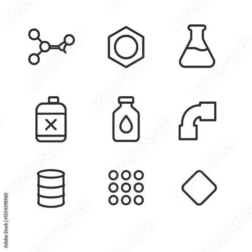Chemical Icons Grid. Outline icon set of chemical feedstocks: ethylene molecule, benzene ring, methanol flask, ammonia canister,