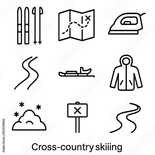 Cross-country Skiing Icons. Outline icon set of Cross-country skiing: cross-country skis, ski poles, trail map, waxing iron, snow