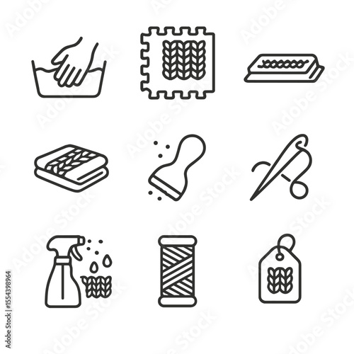 Crochet Care Icons Grid. Outline icon set of crochet care and maintenance: hand wash, blocking mat, dry flat, store folded, remove
