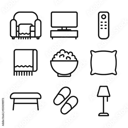 Cozy TV Icon Set. Outline icon set of cozy TV watching with lap blanket: sofa, television, remote control, lap blanket, popcorn