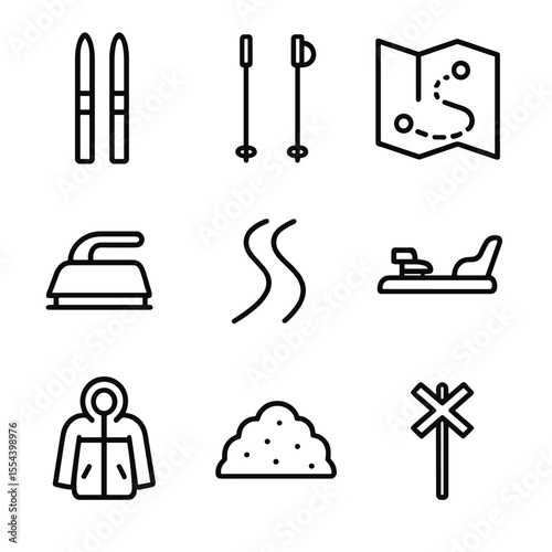 Cross-country Skiing Icons. Outline icon set of Cross-country skiing: cross-country skis, ski poles, trail map, waxing iron, snow