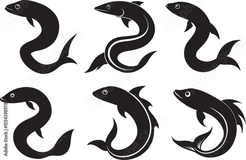 set of eel fish silhouette, black and white silhouette, vector and illustration