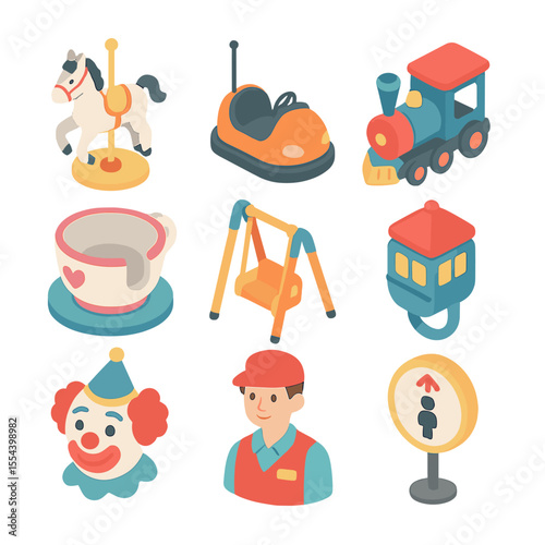 Children's Amusement Icons. Isometric Flat icon set of children’s rides and attractions: carousel horse, bumper car, mini train,