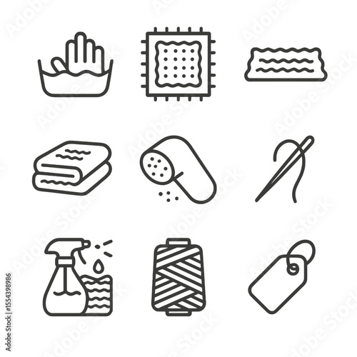 Crochet Care Icons Grid. Outline icon set of crochet care and maintenance: hand wash, blocking mat, dry flat, store folded, remove