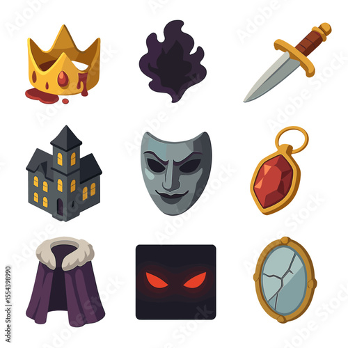 Cinematic Evil Queen Icons. Isometric Flat icon set of cinematic evil queens: blood-stained crown, dark smoke aura, dagger of