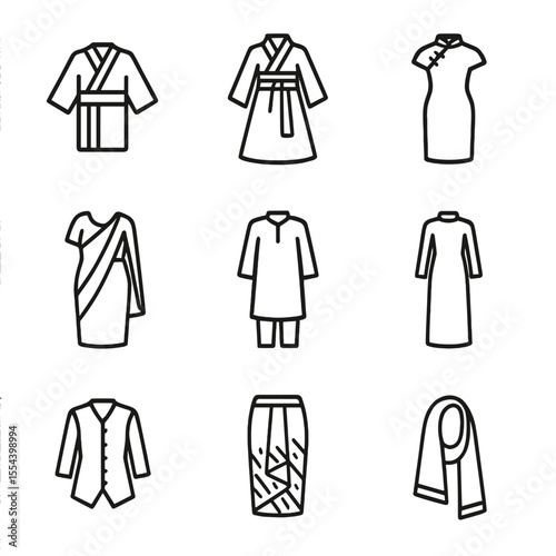 Asian Garments Icons. Outline icon set of Asian traditional garments: kimono, hanbok, cheongsam, sari, shalwar kameez, ao dai,