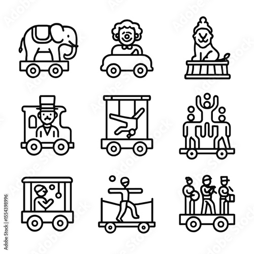 Circus Float Icons. Outline icon set of circus floats: elephant float, clown car float, lion float, ringmaster carriage, trapeze