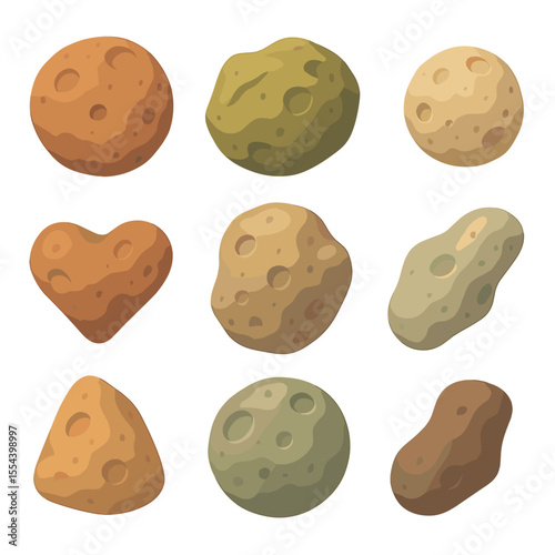 Asteroid Belt Icons. Isometric Flat icon set of asteroid belt features: Vesta, Pallas, Juno, Hygiea, Eros, Gaspra, Ida, Davida,