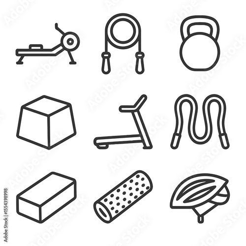 Cross-Training Icon Set. Outline icon set of cross-training for endurance: rowing machine, jump rope, kettlebell, plyometric box,