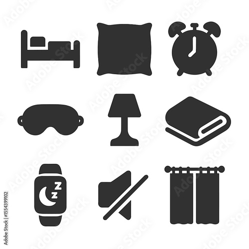 Sleep Hygiene Icons. Solid, filled icons set of sleep hygiene: bed, pillow, alarm clock, sleep mask,