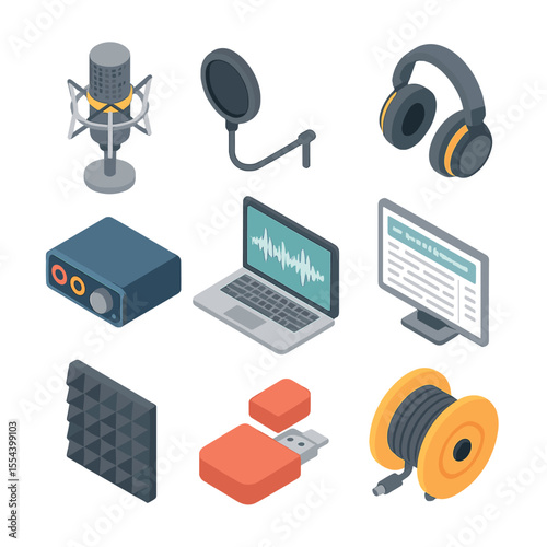 Audio Recording Icons. Isometric Flat icon set of audio recording and transcription: studio microphone, pop filter, headphones,