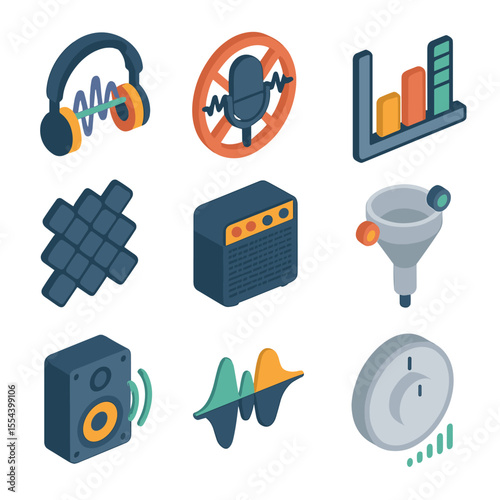 Audio Technology Icons. Isometric Flat icon set of noise cancellation and voice enhancement: headphone with wave cancellation icon