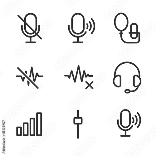 Audio Icon Set. Outline icon set of audio quality and microphone etiquette: mute button, unmute sound wave, pop filter, echo