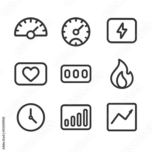 Cycling Metrics Icons. Outline icon set of cycling workout metrics: speedometer, cadence RPM dial, watt meter, heart rate display,