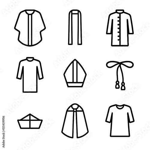 Clerical Vestments Icons. Outline icon set of Clerical Vestments: chasuble, stole, cassock, alb, mitre, girdle belt, biretta, cope