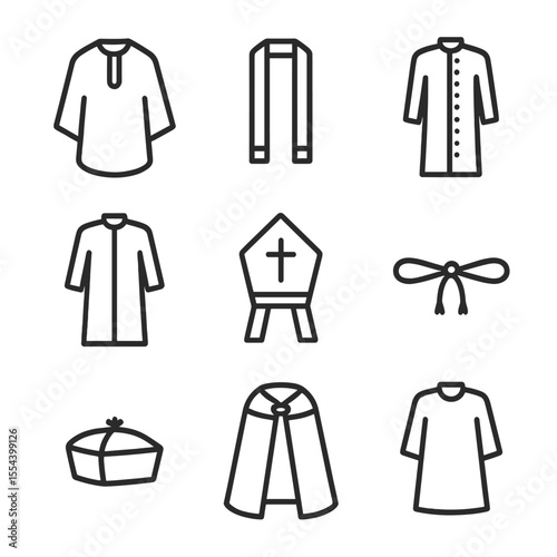 Clerical Vestments Icons. Outline icon set of Clerical Vestments: chasuble, stole, cassock, alb, mitre, girdle belt, biretta, cope