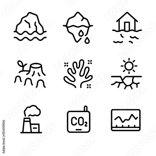 Climate Change Icons. Outline icon set of climate change and environmental monitoring: melting glacier, polar ice melt, rising sea