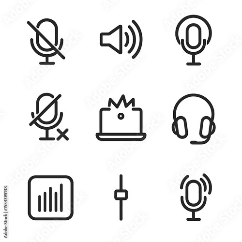 Audio Icon Set. Outline icon set of audio quality and microphone etiquette: mute button, unmute sound wave, pop filter, echo