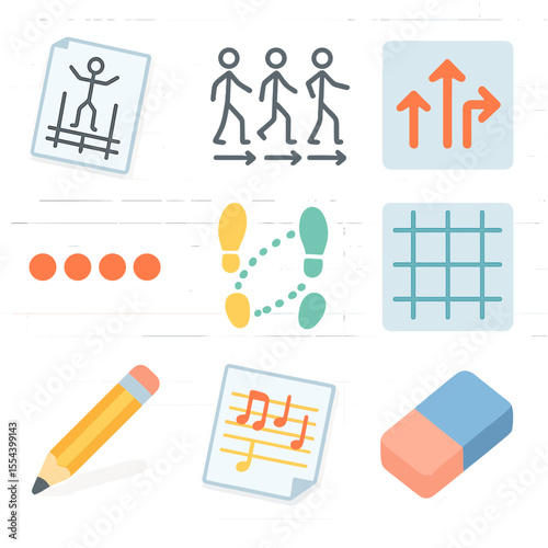 Dance Notation Icons. Isometric Flat icon set of dance choreography notation: movement notation sheet, stick figure sequence