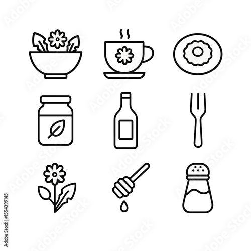 Dandelion Culinary Icons. Outline icon set of dandelion culinary uses: dandelion salad bowl, herbal tea cup, fritter on plate,