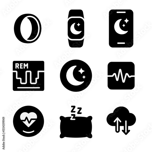 Sleep Tracking Icons. Solid, filled icons set of sleep tracking devices: smart ring, fitness band, sleep