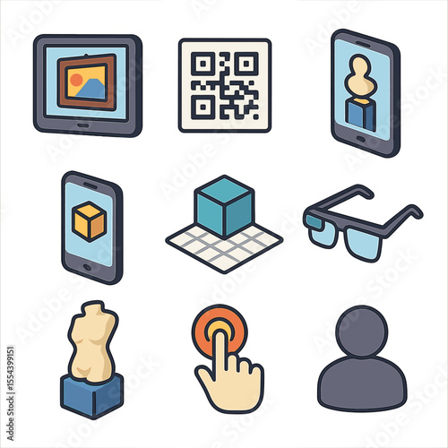 Augmented Reality Icons. Isometric Flat icon set of augmented reality art exhibits: tablet with AR app, QR code marker, smartphone