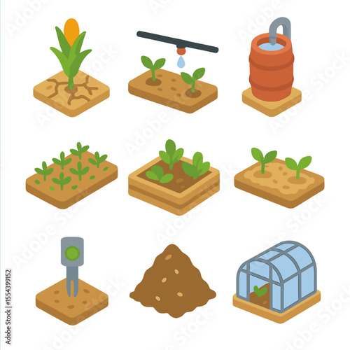 Climate-Resilient Agriculture Icons. Isometric Flat icon set of climate-resilient agriculture practices: drought-resistant crop,