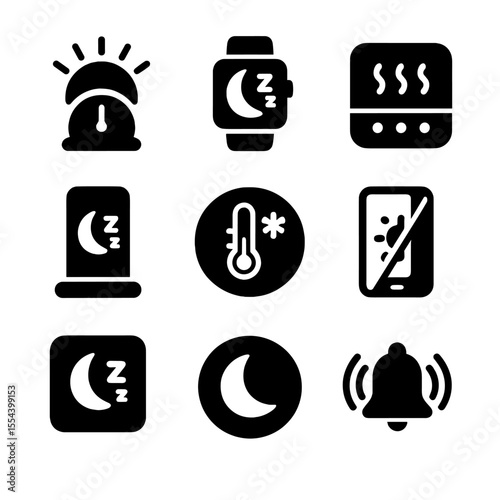 Sleep Tech Icons. Solid, filled icons set of sleep-friendly tech: sunrise alarm, sleep tracker, white noise