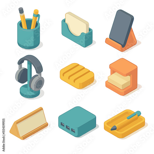 3D-Printed Desk Icons. Isometric Flat icon set of 3D-printed desk accessories: pen holder, business card holder, phone stand,