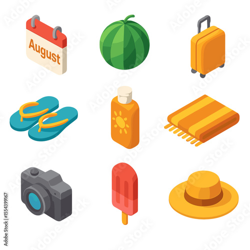 August Icons Collection. Isometric Flat icon set of August: calendar page “August”, ripe watermelon, travel suitcase, sunscreen