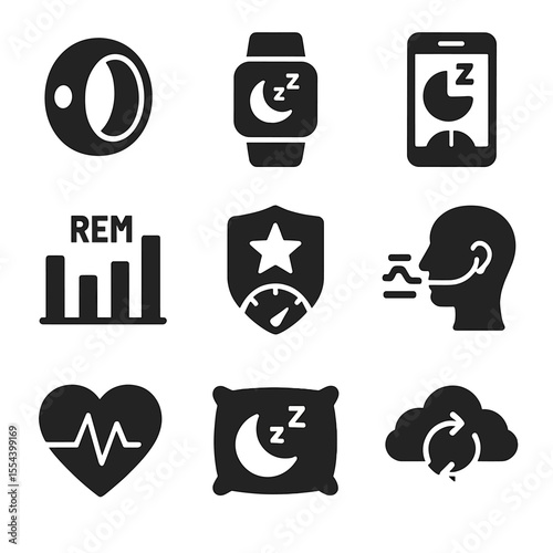 Sleep Tracking Icons. Solid, filled icons set of sleep tracking devices: smart ring, fitness band, sleep