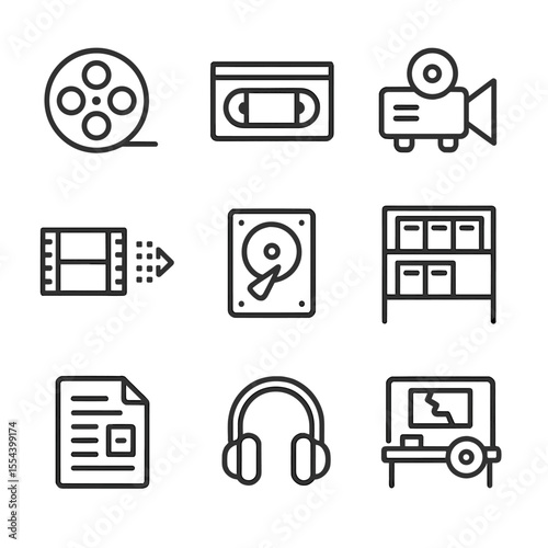 Audio-Visual Archive Icons. Outline icon set of audio-visual archive preservation: film reel, videotape cassette, projector,