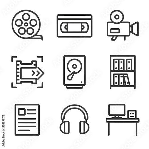 Audio-Visual Archive Icons. Outline icon set of audio-visual archive preservation: film reel, videotape cassette, projector,