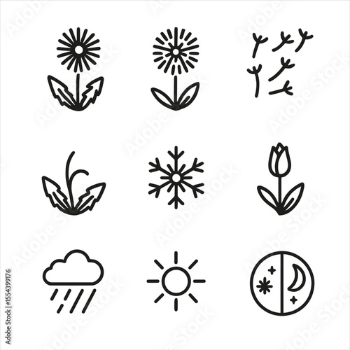 Dandelion Seasons Icons. Outline icon set of dandelion seasonal changes: spring bloom, summer seed head, autumn seed scattering,