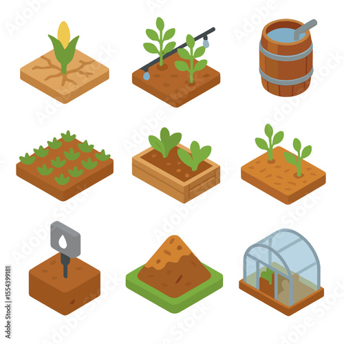 Climate-Resilient Agriculture Icons. Isometric Flat icon set of climate-resilient agriculture practices: drought-resistant crop,
