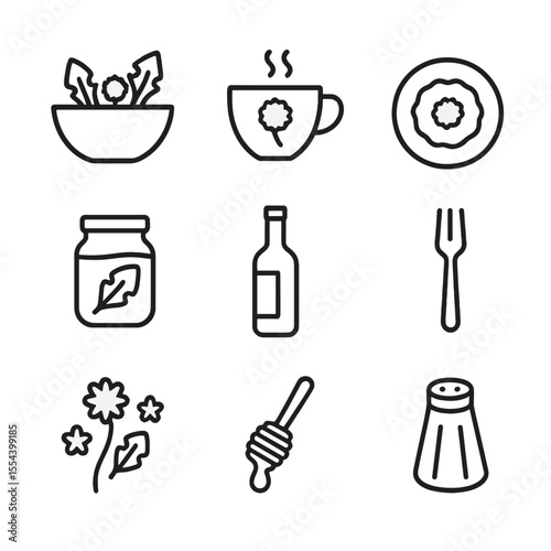 Dandelion Culinary Icons. Outline icon set of dandelion culinary uses: dandelion salad bowl, herbal tea cup, fritter on plate,
