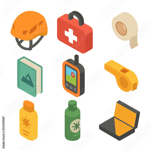 Climbing Safety Gear Icons. Isometric Flat icon set of climber safety equipment: helmet, first aid kit, tape for skinned fingers,