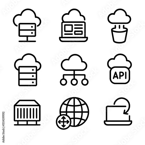 Cloud Computing Icons. Outline icon set of cloud computing services: cloud server, virtualization, storage bucket, data center,