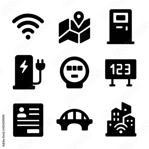 Smart City Icons. Solid, filled icons set of smart city technologies: Wi-Fi hotspot, digital city map,