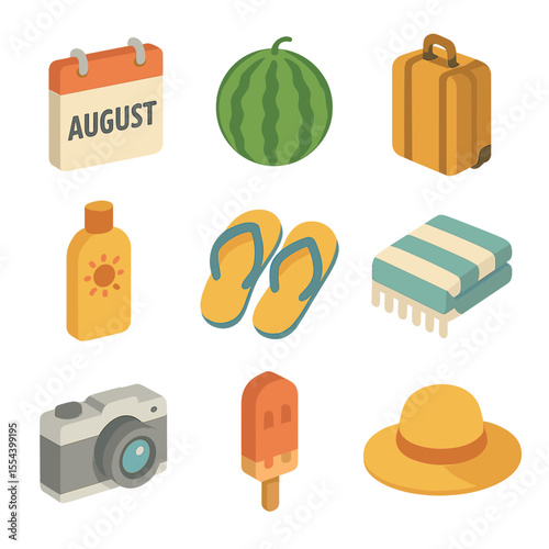 August Essentials Icons. Isometric Flat icon set of August: calendar page “August”, ripe watermelon, travel suitcase, sunscreen