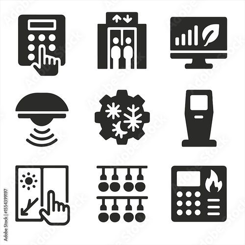 Smart Building Icons. Solid, filled icons set of smart building technology: access control pad, smart elevator