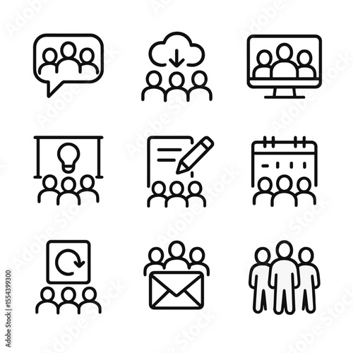 Collaborative Icon Set. Outline icon set of collaborative group presentations: group chat, shared drive, video conference,