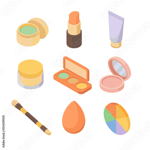 Color Correcting Icon Set. Isometric Flat icon set of color correcting creams: green corrector pot, peach corrector stick,