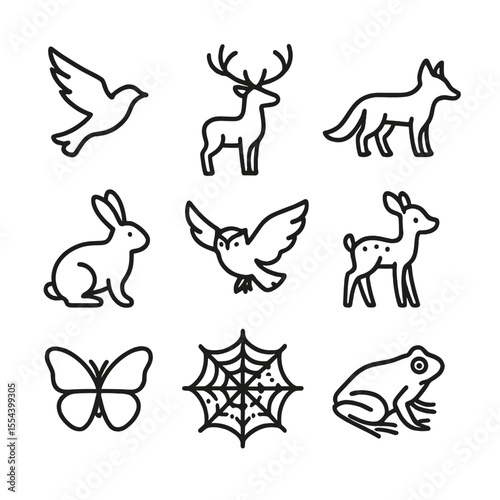 Dawn Wildlife Icons. Outline icon set of dawn wildlife: flying bird, deer silhouette, fox outline, rabbit outline, owl flying away